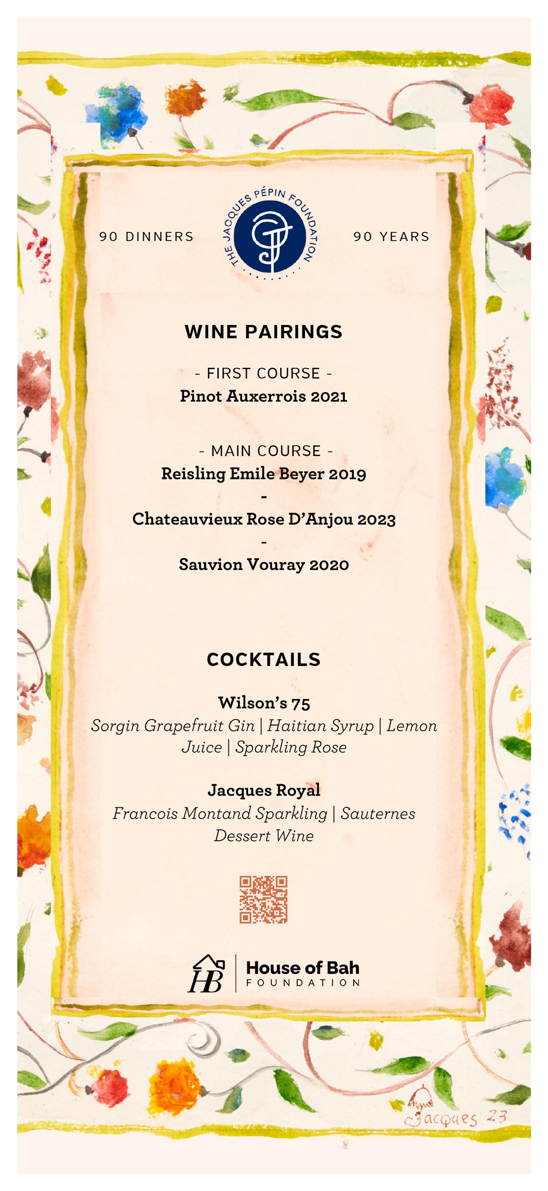 90/90 Dinner Menu for House of Bah Foundation at Le Voltaire French Restaurant