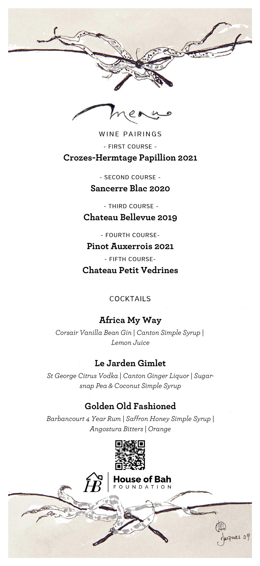 90/90 Dinner Menu for House of Bah Foundation at Le Voltaire French Restaurant