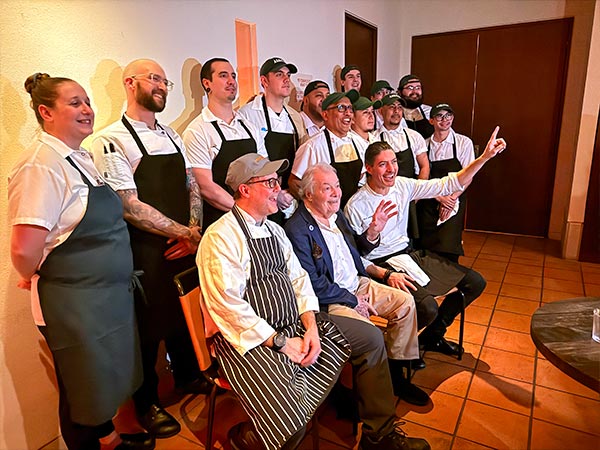 Jacques Pepin with the staff and chefs at Massara on Park